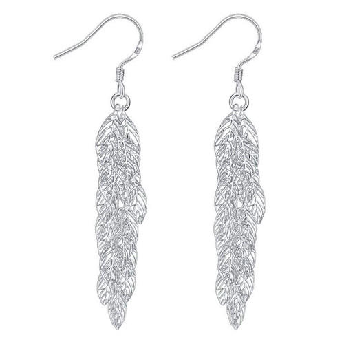 Silver long tassels fine jewelry OEM big leaf dangling drop hook earrings for women